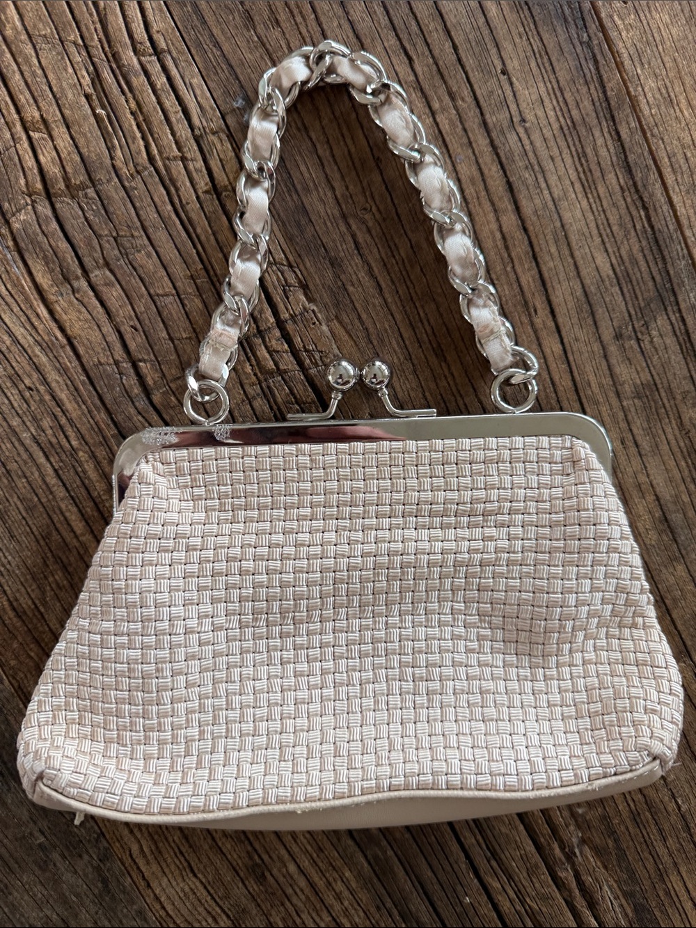 The Sak Cream Woven Frame-Top Evening Bag